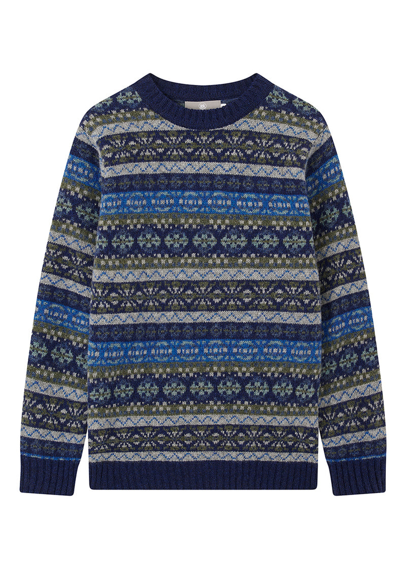 Patterned fair isle sweater with blue, gray, and green colours on a white background