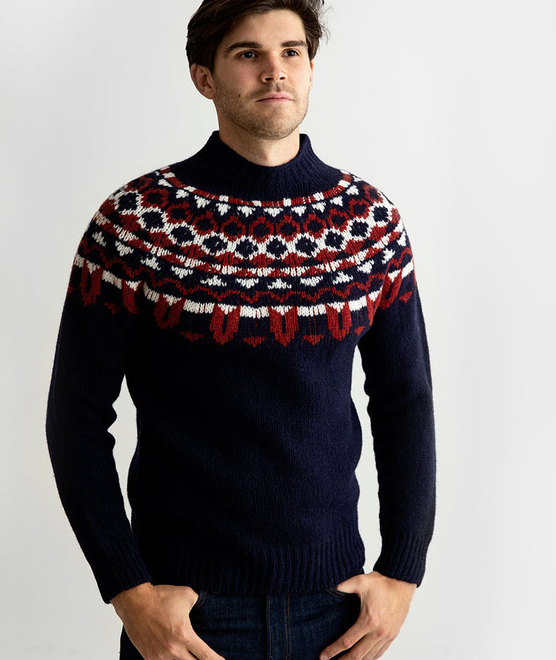 mens fair isle chunky wool yoke jumper sweater navy blue red brodgar