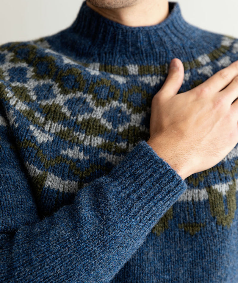 mens denim blue shetland wool fair isle chunky jumper sweater