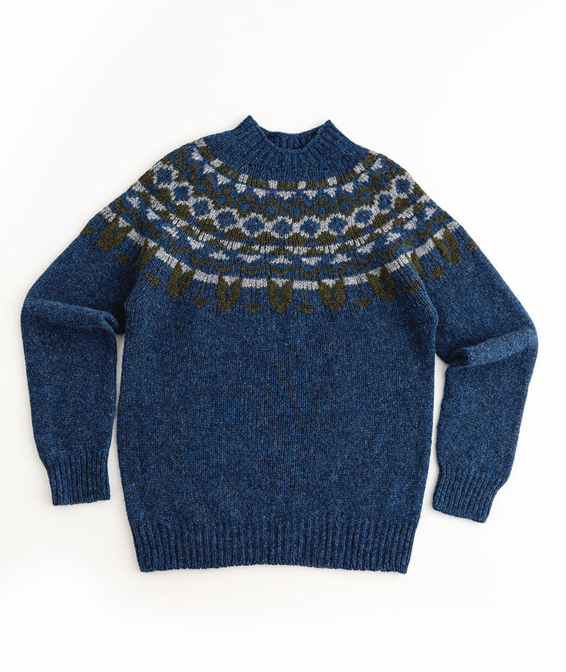 mens fair isle denim blue wool jumper sweater brodgar yoke