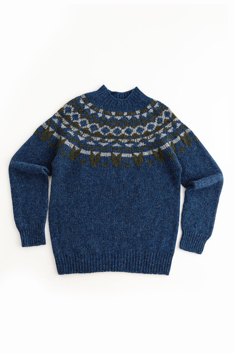 mens fair isle denim blue wool jumper sweater brodgar yoke