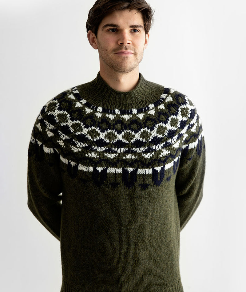 mens fair isle wool jumper sweater green yoke brodgar khaki