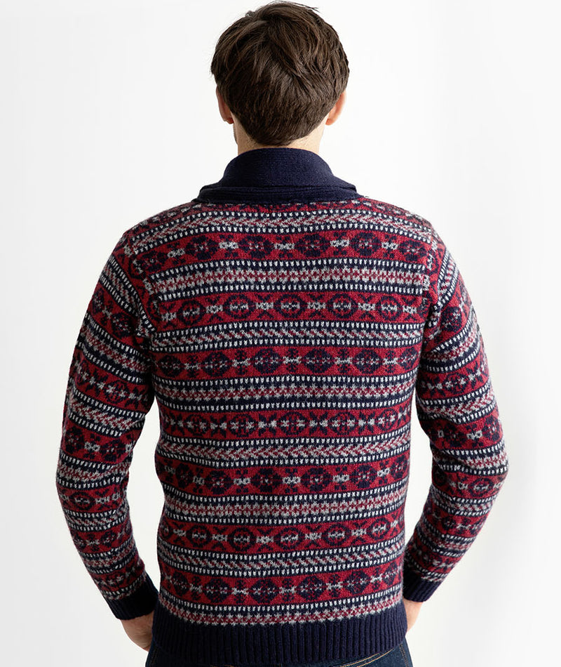 Mens navy blue red wool fair isle shawl collar jumper sweater