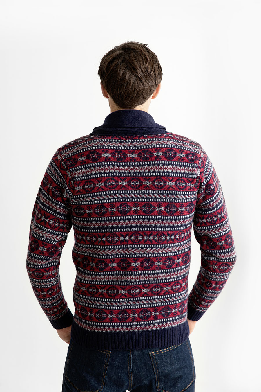 Mens navy blue red wool fair isle shawl collar jumper sweater