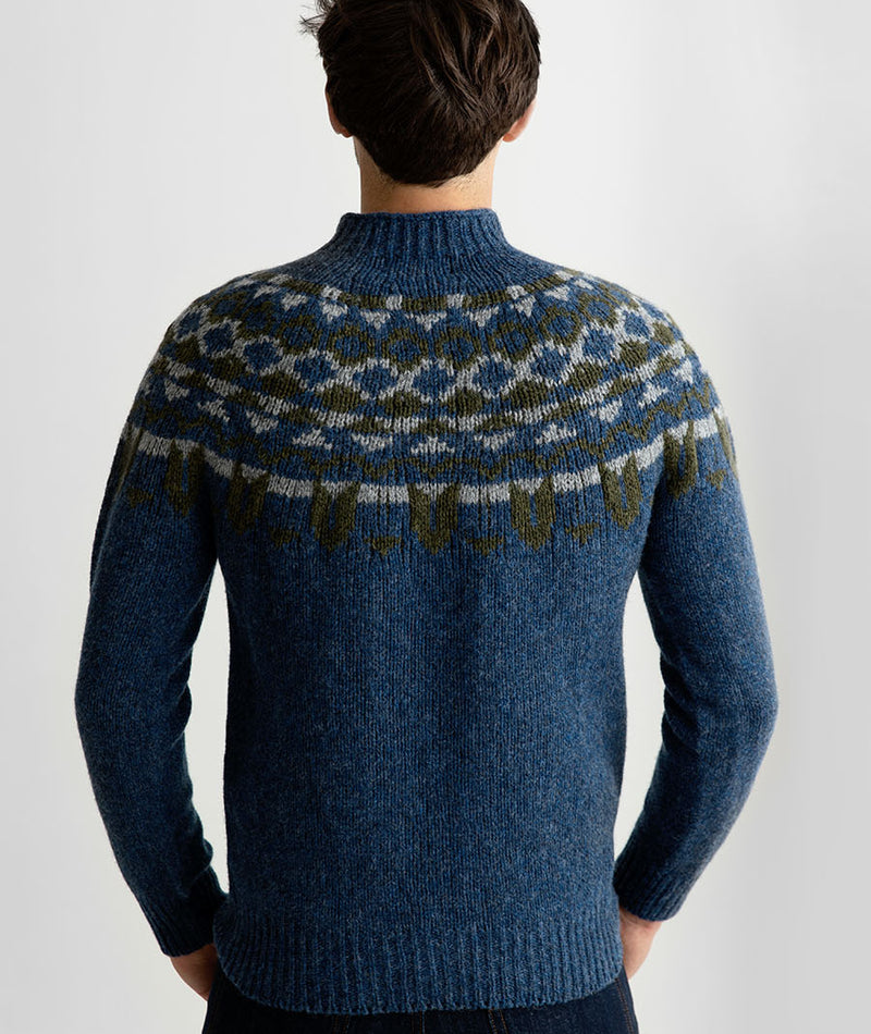 mens fair isle wool yoke jumper sweater brodgar blue