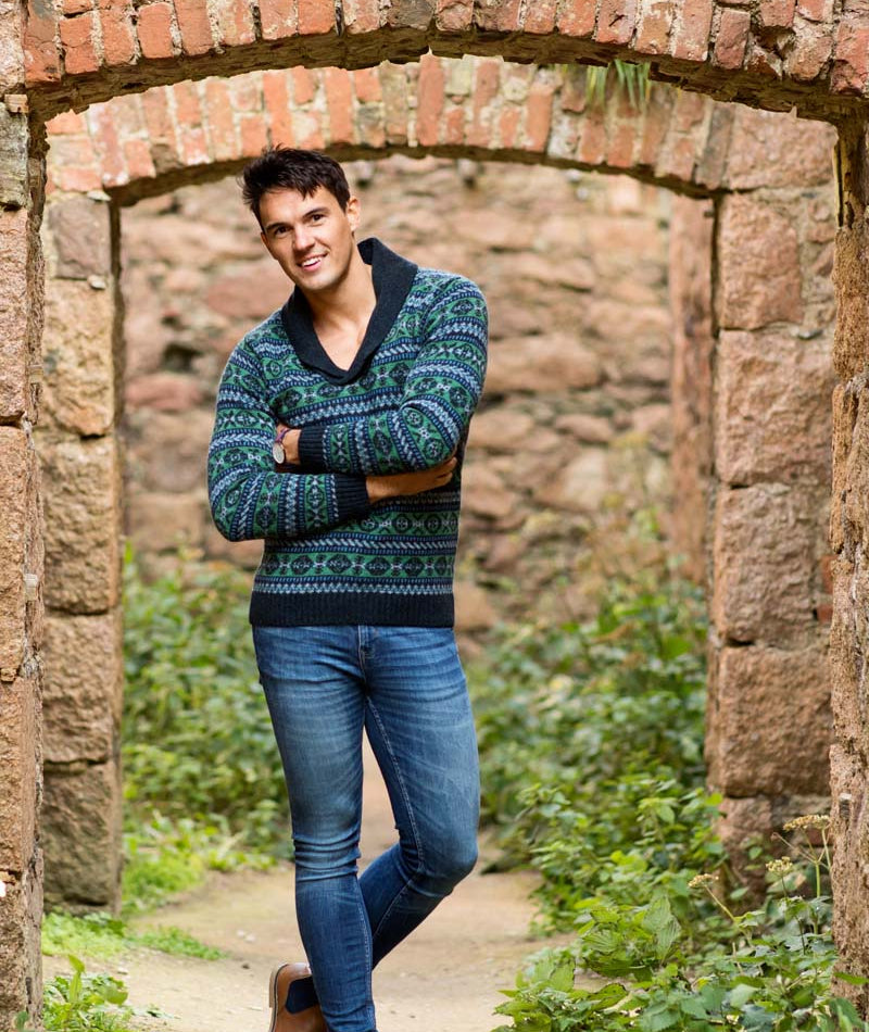 Mens blue green fair isle wool jumper sweater shawl collar 