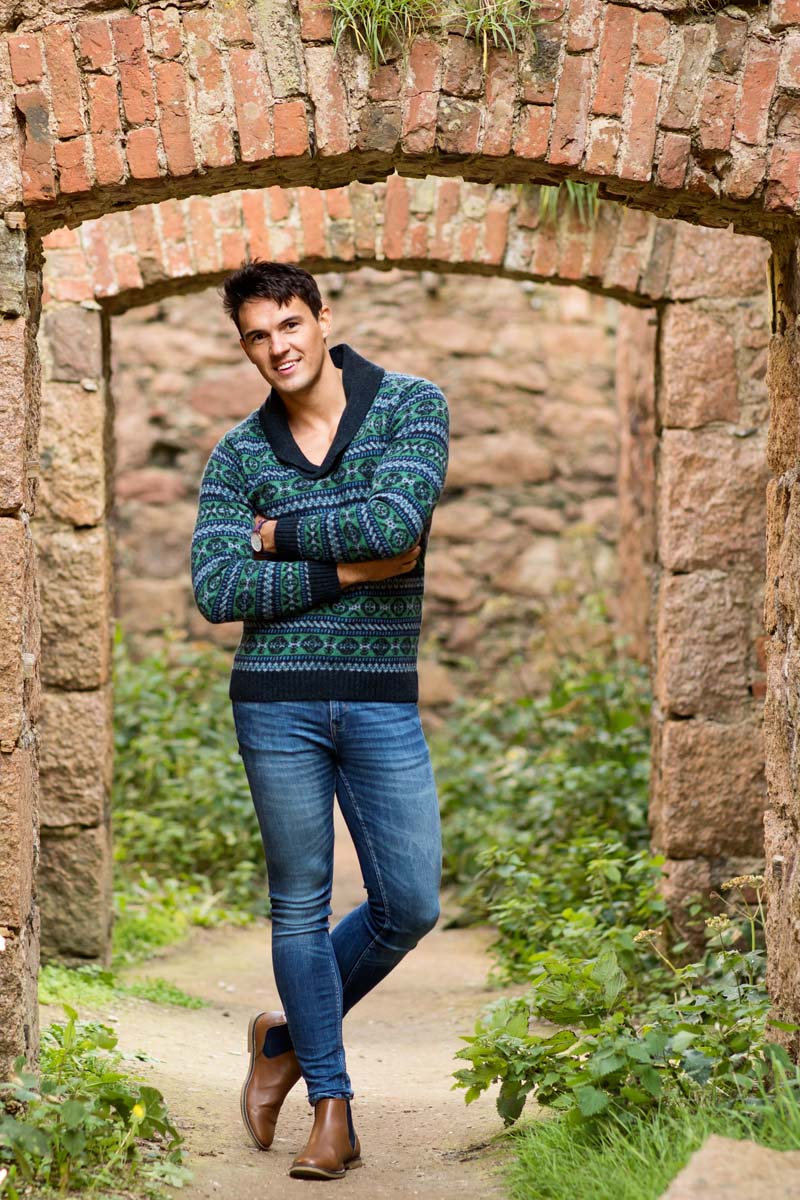 Mens blue green fair isle wool jumper sweater shawl collar 