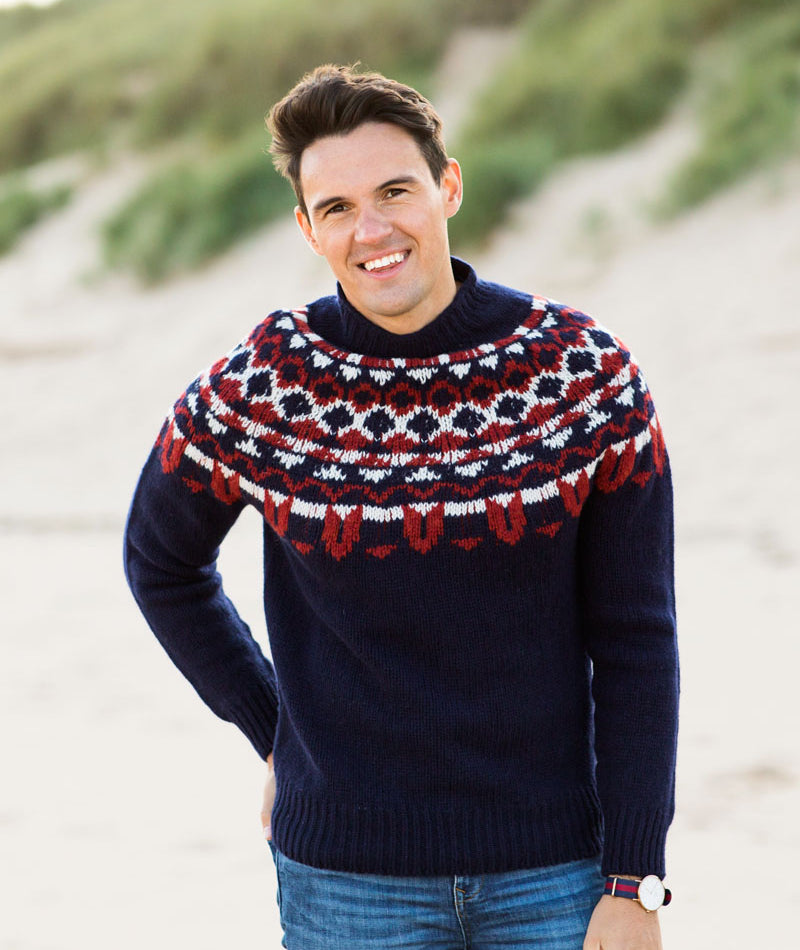 Mens navy red fair isle jumper sweater chunky wool brodgar