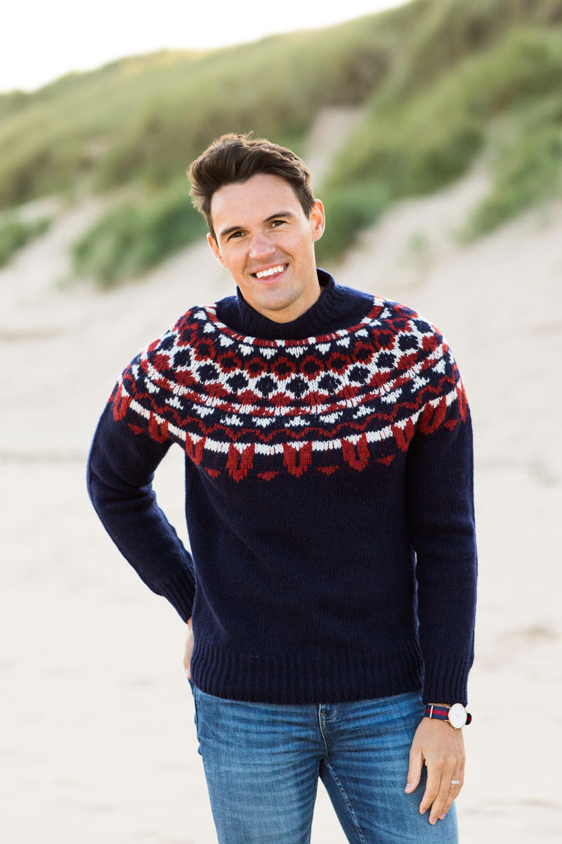 Mens navy blue wool Scottish Fair isle Yoke Jumper in Brodgar pattern