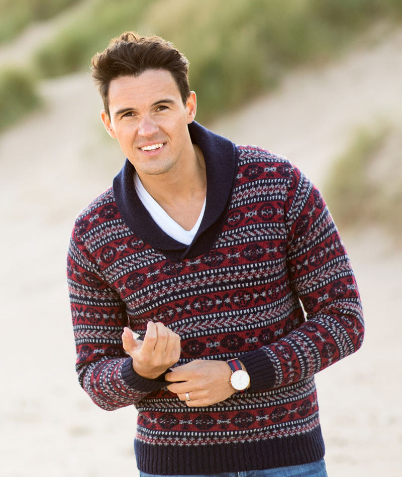 Mens navy red fair isle wool jumper sweater shawl collar 