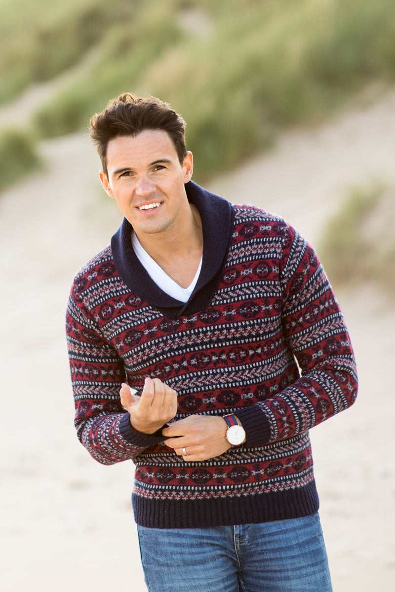 Mens navy red fair isle wool jumper sweater shawl collar 