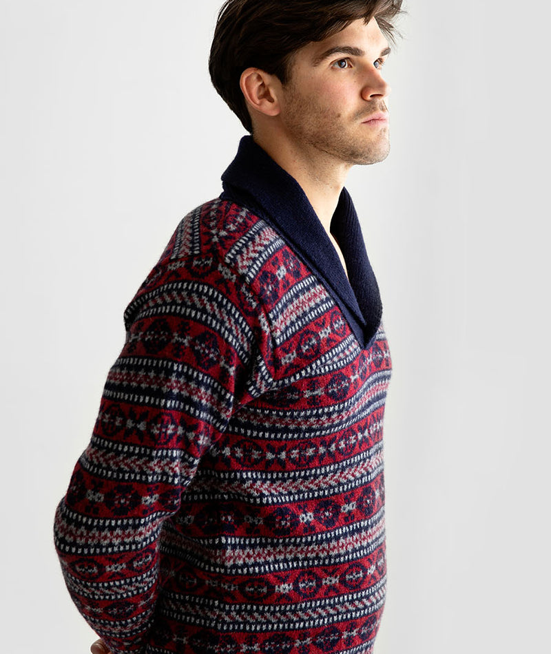 mens fair isle jumper shawl collar sweater blue red wool Lerwick