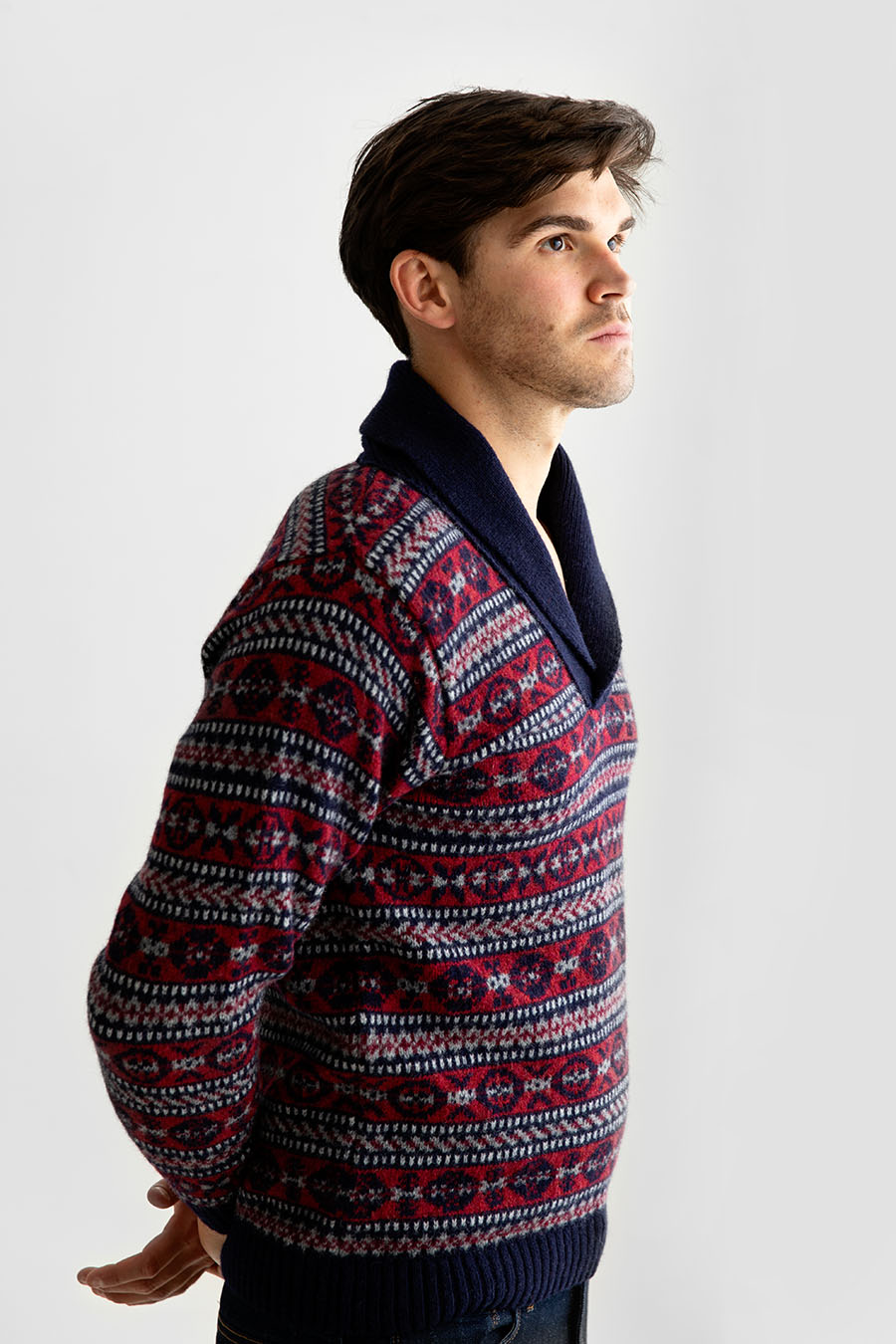 mens fair isle jumper shawl collar sweater blue red wool Lerwick