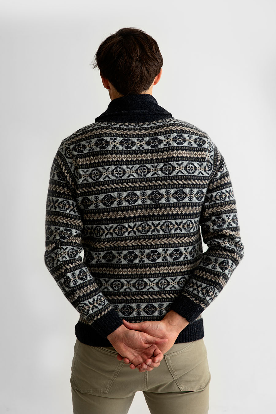 mens fair isle shawl collar jumper grey Lerwick