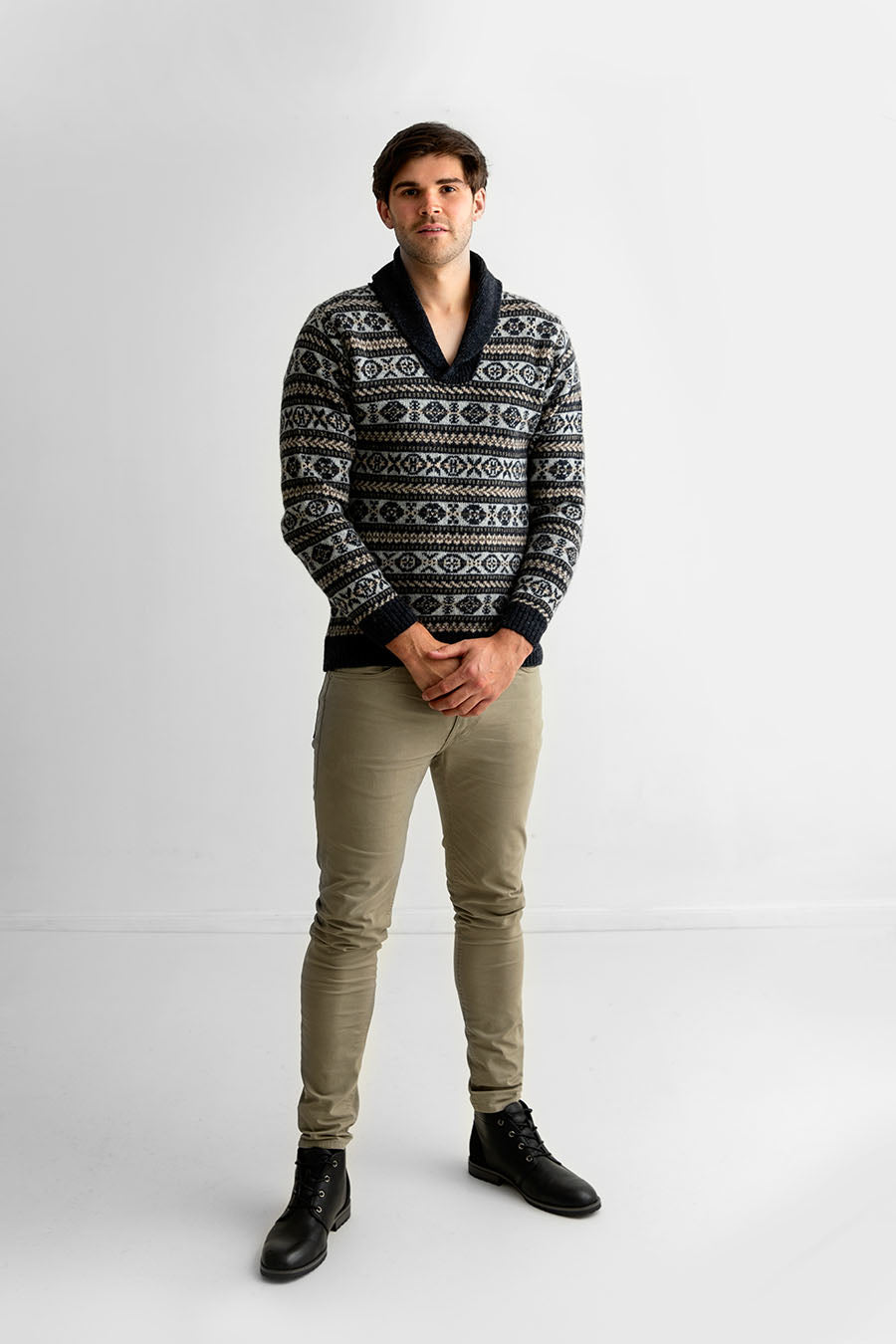 Mens shetland wool fair isle jumper sweater charcoal grey Lerwick