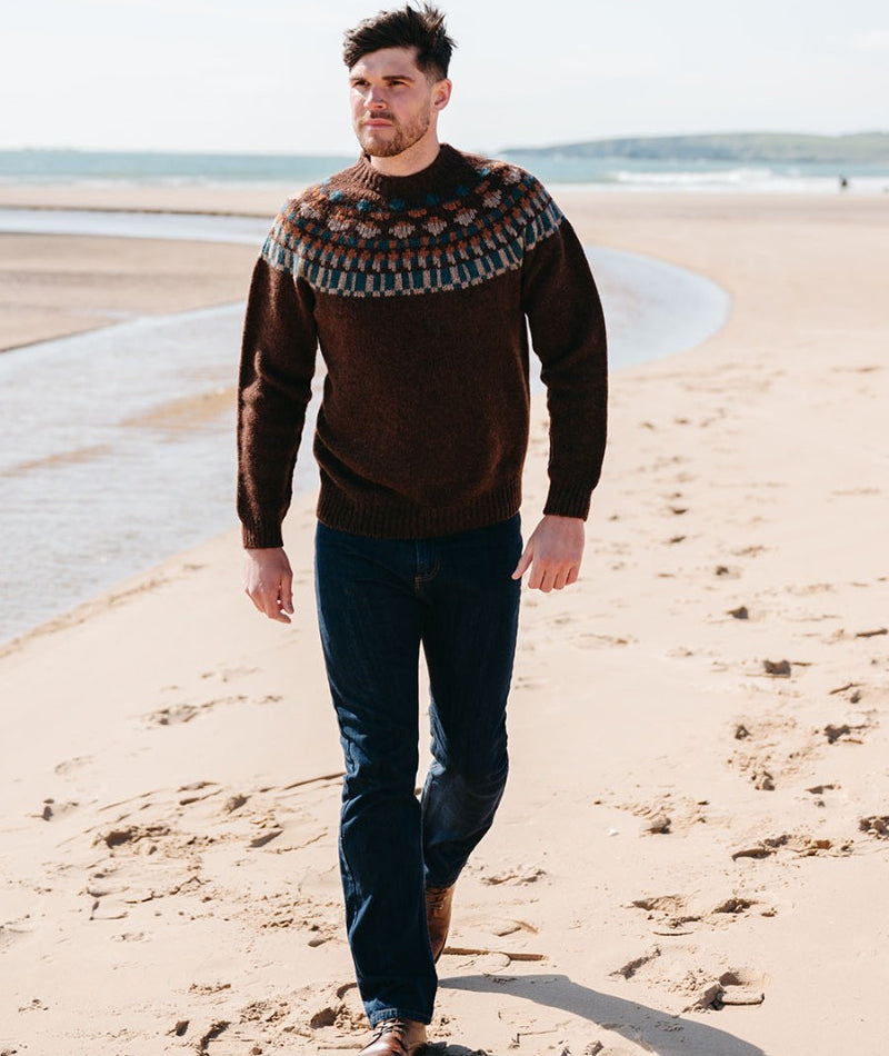 mens fair isle jumper staffa yoke coffee brown rust teal wool