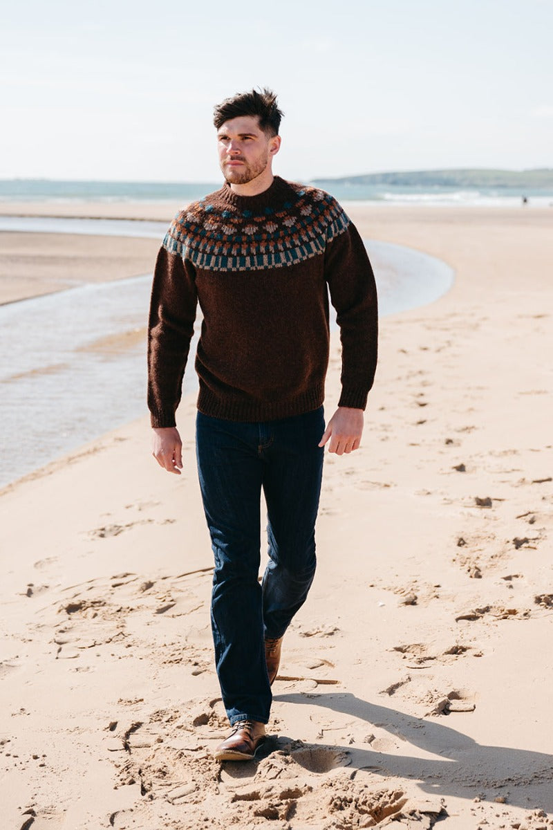 mens fair isle jumper staffa yoke coffee brown rust teal wool