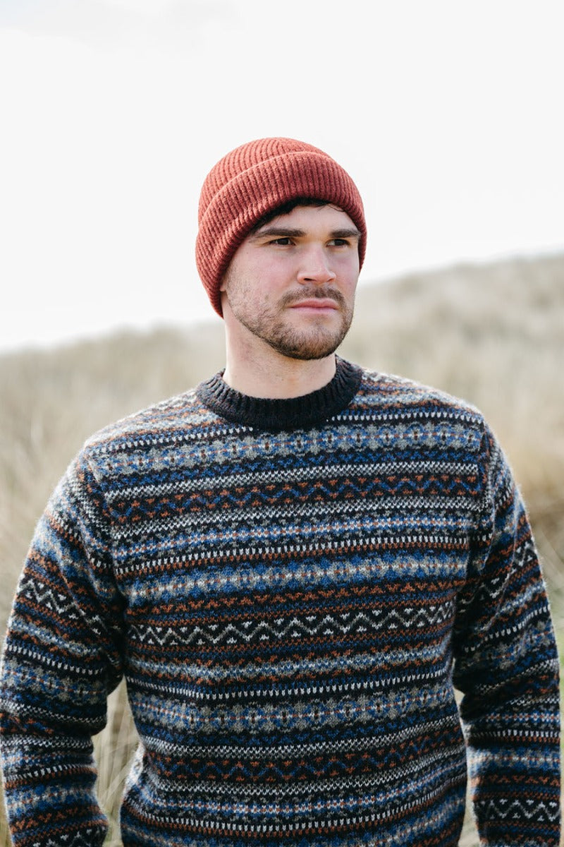 mens fair isle jumper sweater blue rust brown kinnaird