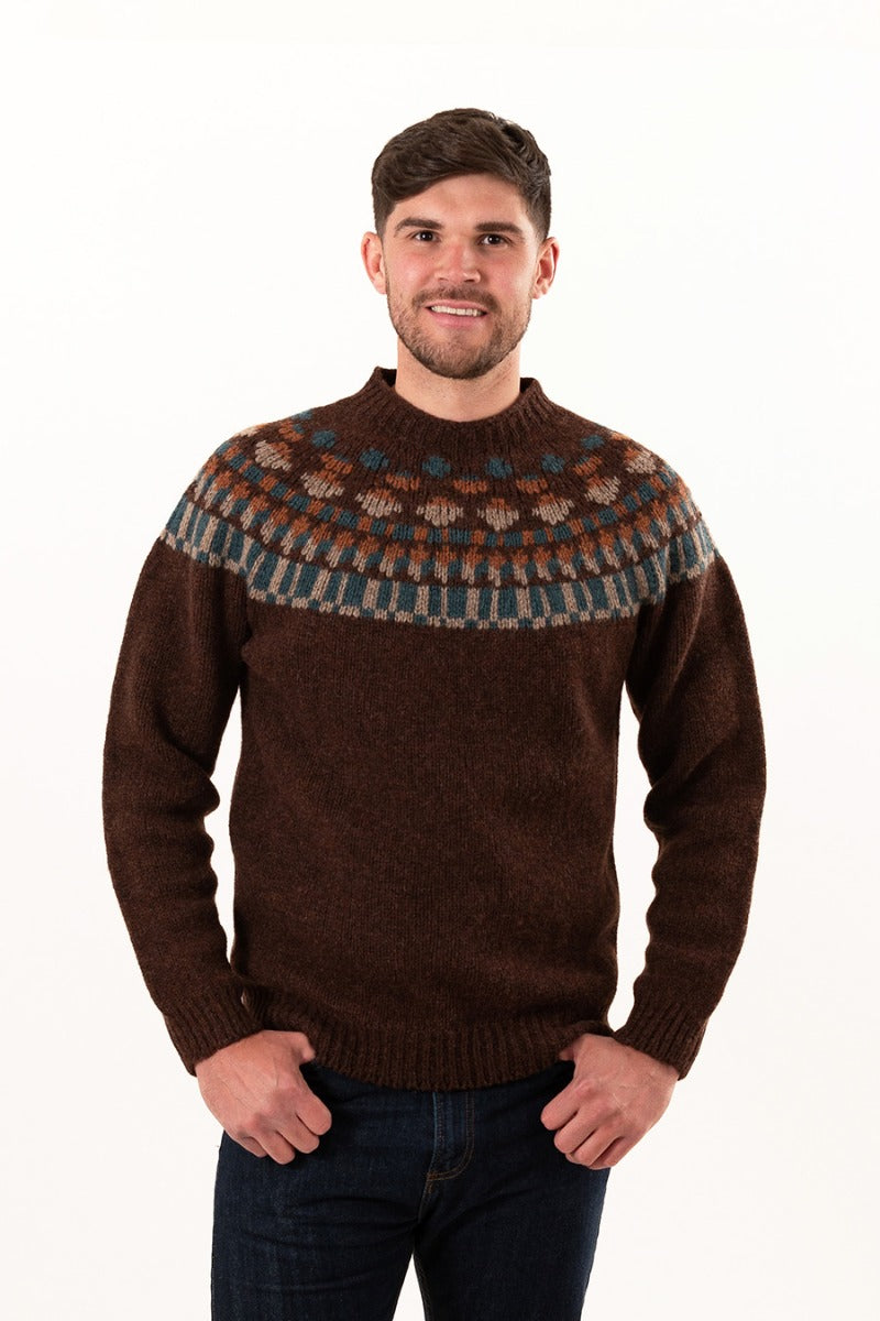 mens fair isle jumper sweater brown shetland wool staffa