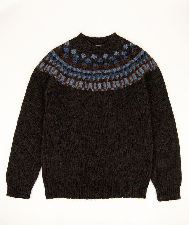mens fair isle yoke jumper sweater brown blue wool staffa