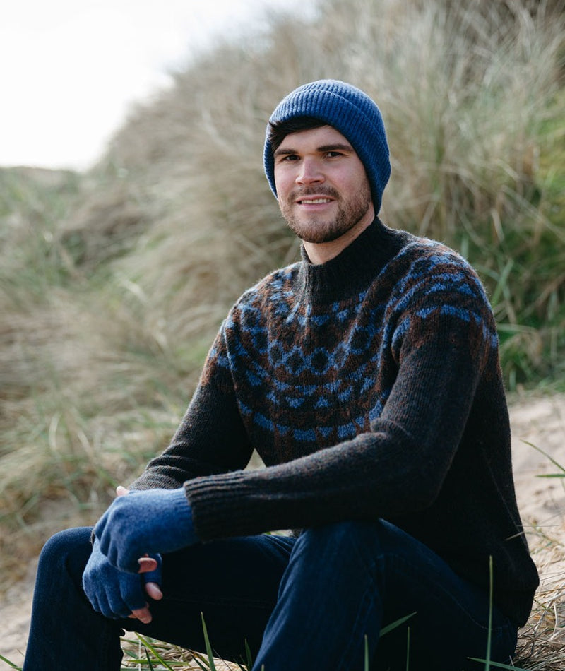 mens fair isle jumper sweater dark brown blue brodgar