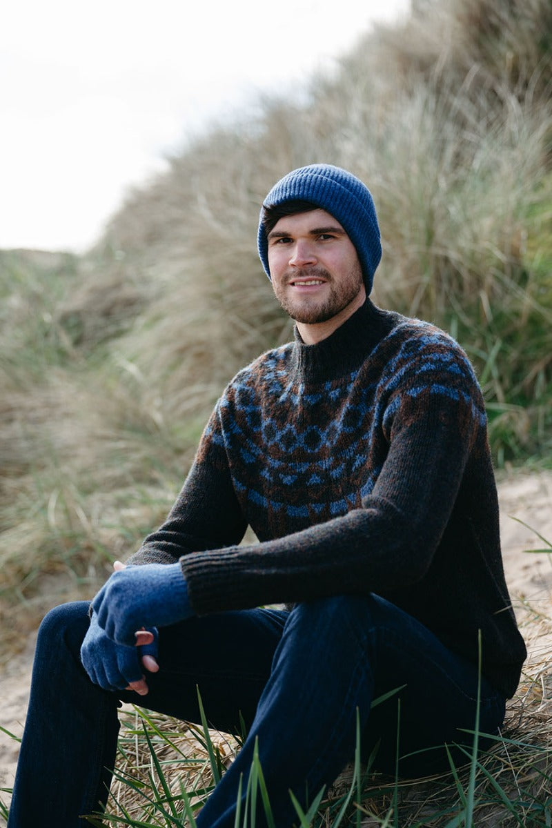 mens fair isle jumper sweater dark brown blue brodgar
