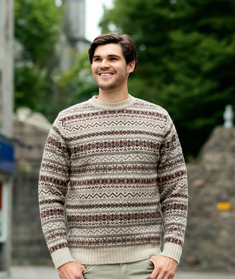mens fair isle jumper sweater kinnaird beige brown wool