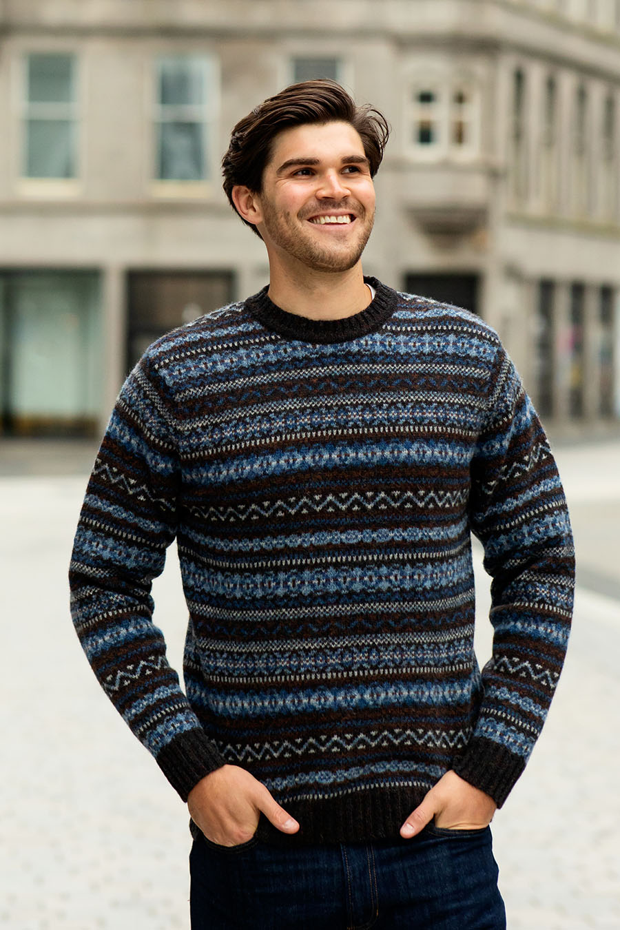 mens fair isle jumper kinnaird blue brown wool