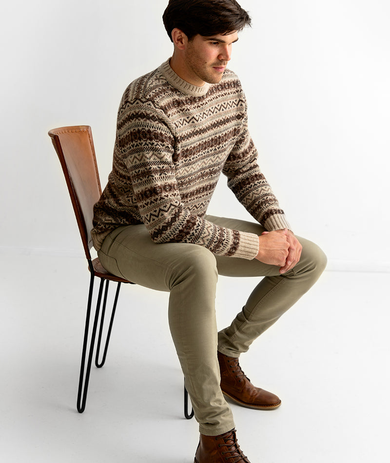 Mens fair isle wool jumper sweater beige brown kinnaird