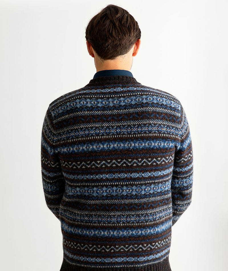 mens fair isle wool jumper sweater blue brown kinnaird back