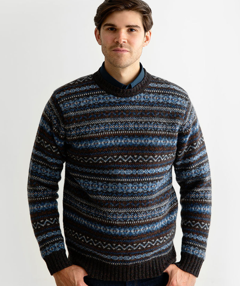 mens fair isle wool jumper sweater blue brown kinnaird 