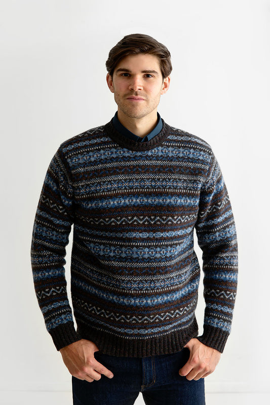mens fair isle wool jumper sweater blue brown kinnaird 