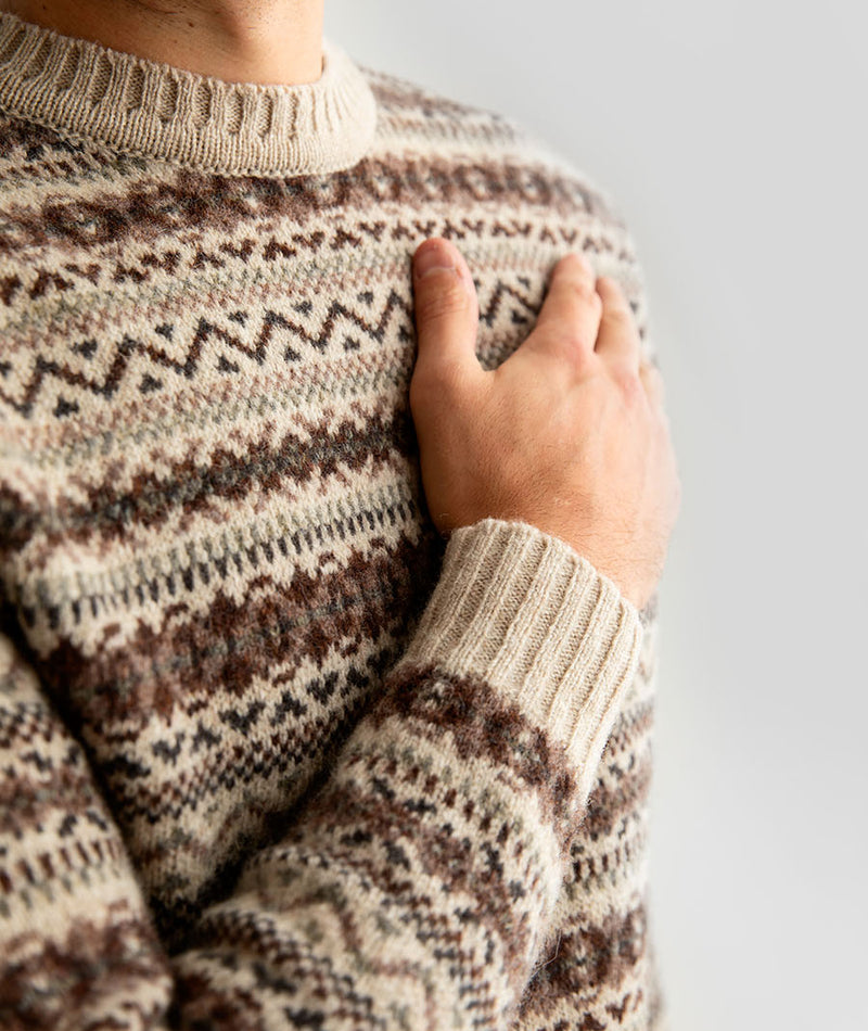 Mens fair isle shetland wool jumper sweater beige brown kinnaird