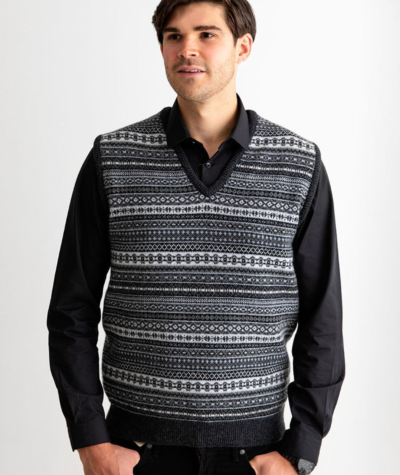 mens fair isle sleeveless jumper slipover tanktop charcoal grey