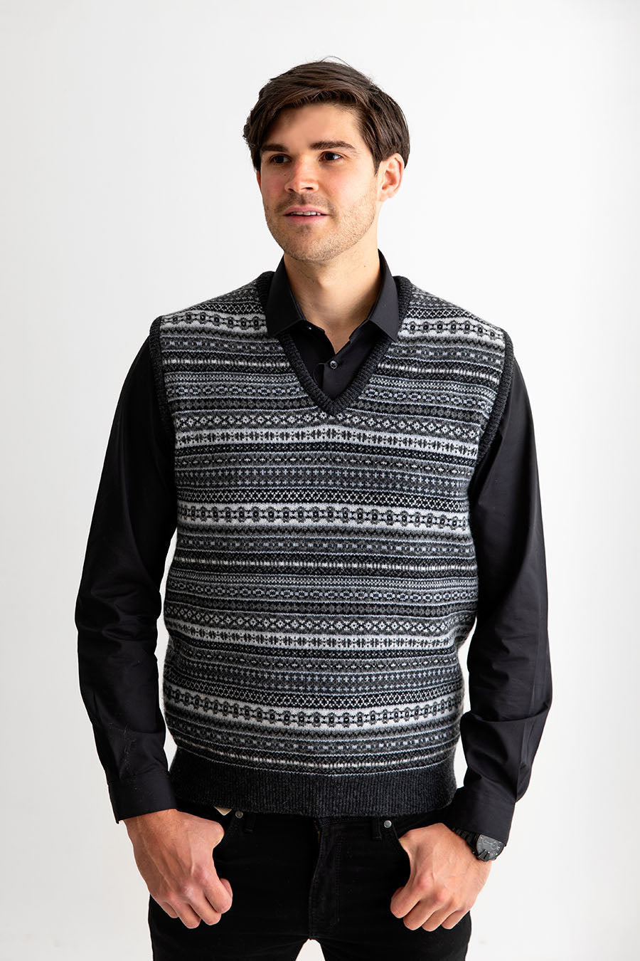 mens fair isle sleeveless jumper slipover tanktop charcoal grey