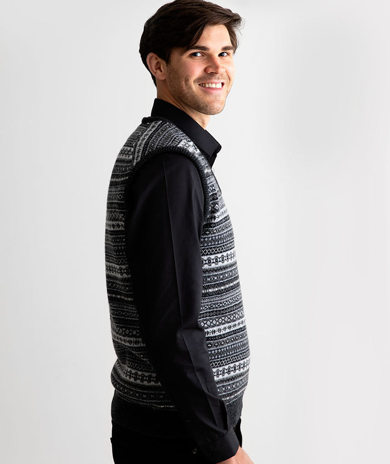 mens grey wool sleeveless jumper sweater vest fair isle tank top slipover