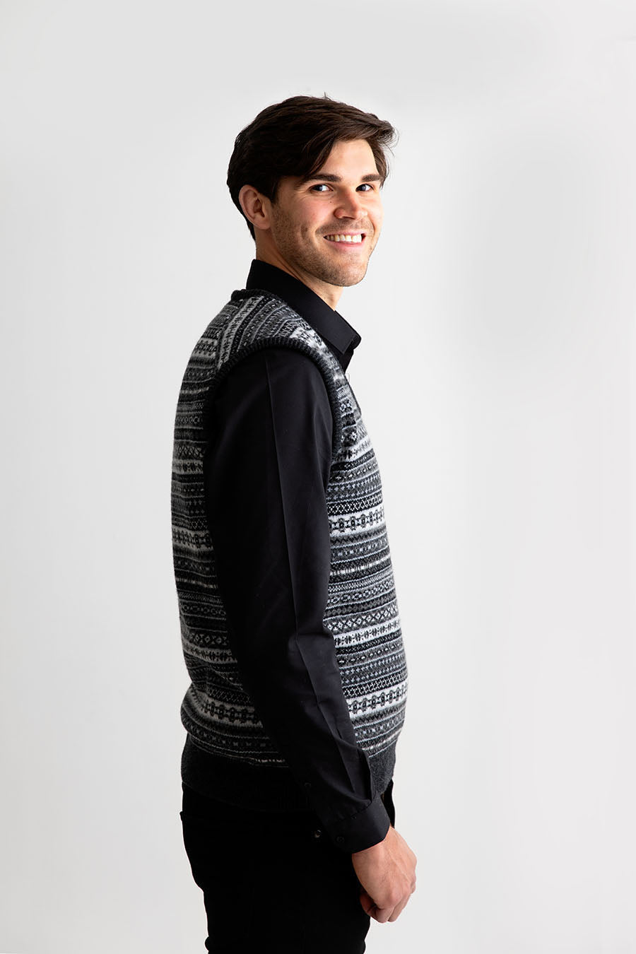 mens grey wool sleeveless jumper sweater vest fair isle tank top slipover