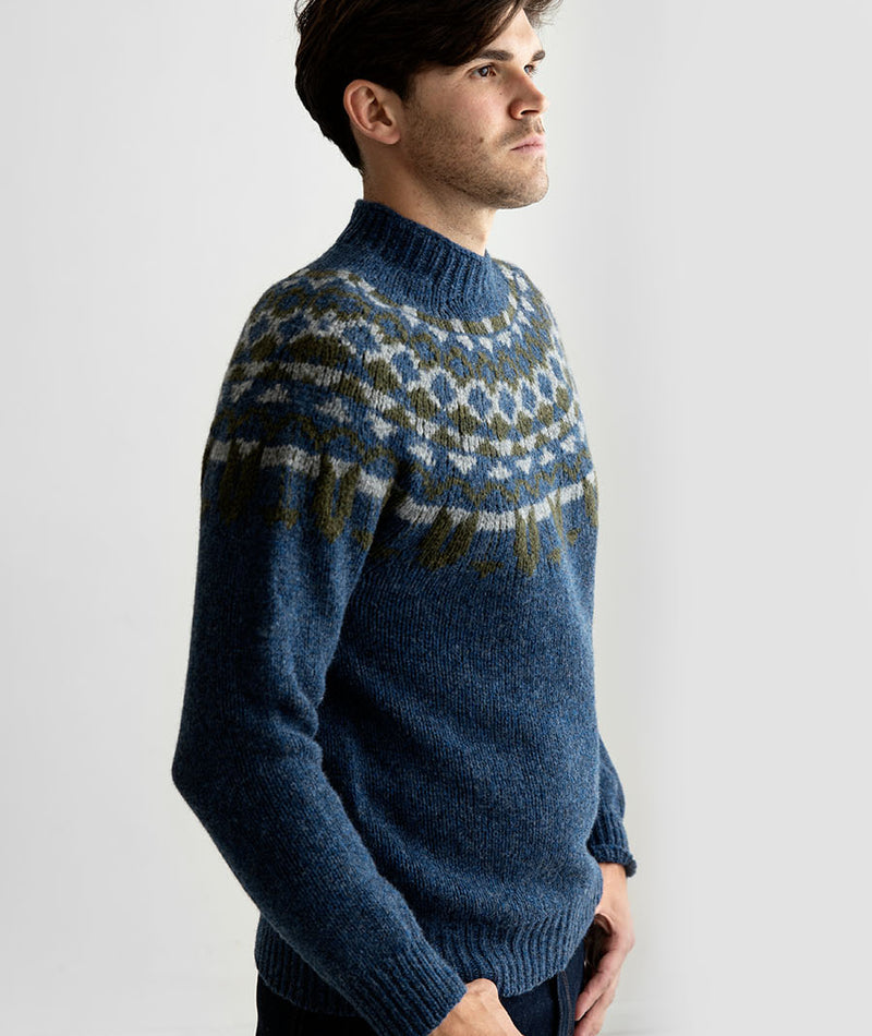 mens chunky wool blue fairisle jumper sweater yoke brodgar