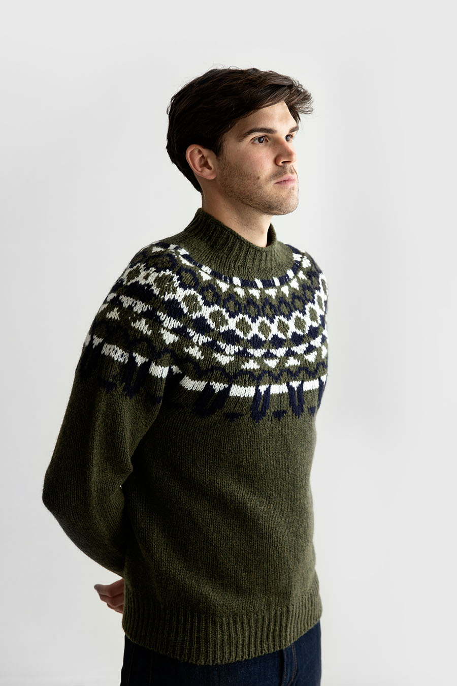 mens fair isle sweater green wool brodgar yoke scotland