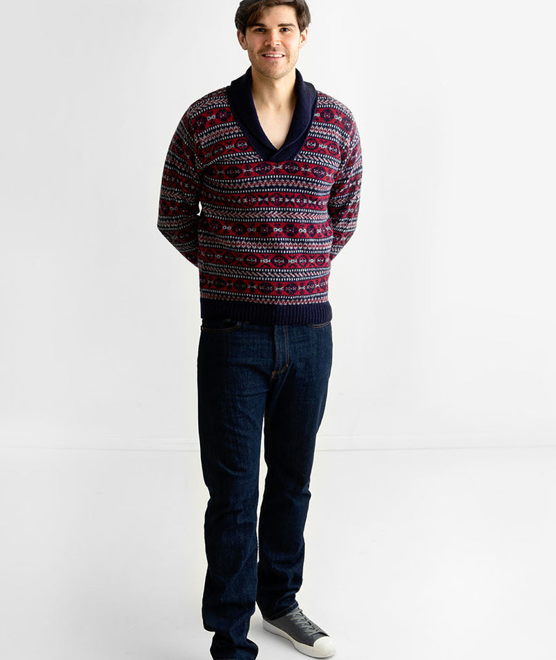 Mens fair isle sweater shawl collar jumper blue red wool Lerwick