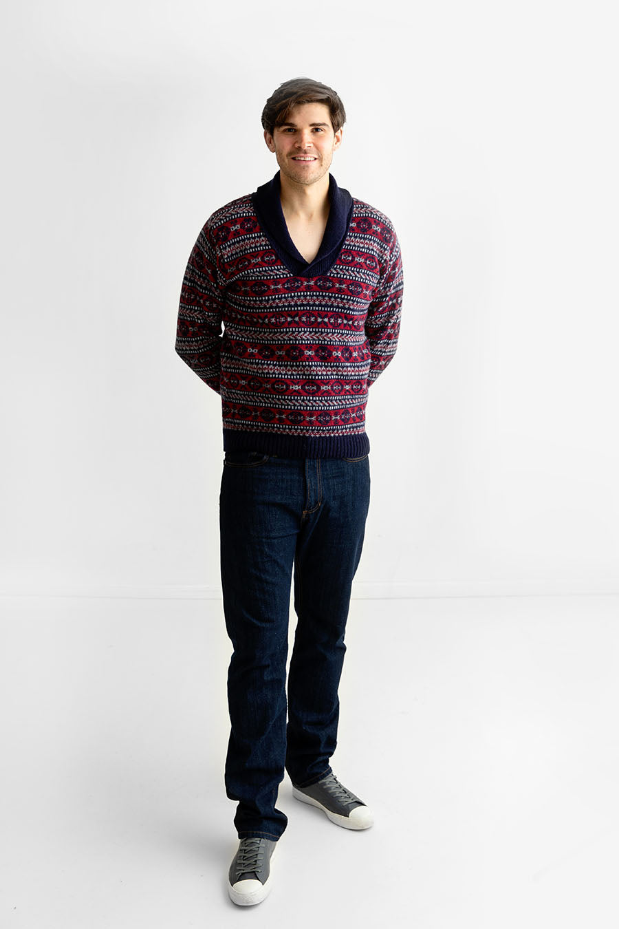 Mens fair isle sweater shawl collar jumper blue red wool Lerwick