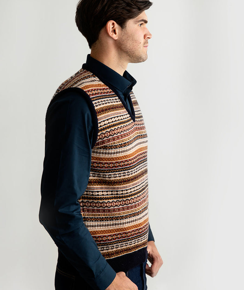 mens wool fair isle sleeveless jumper sweater vest slipover tank top navy gold