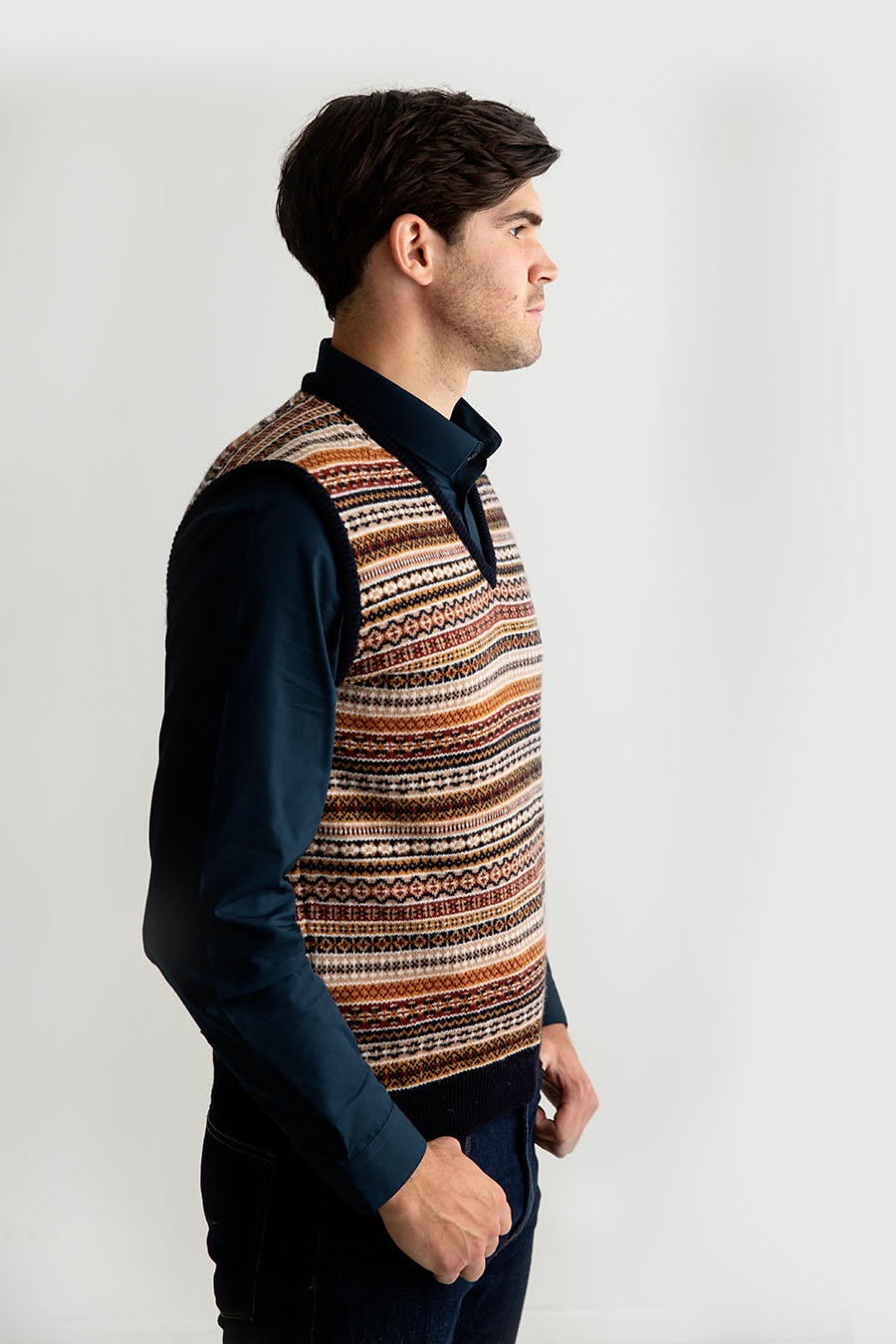 mens wool fair isle sleeveless jumper sweater vest slipover tank top navy gold