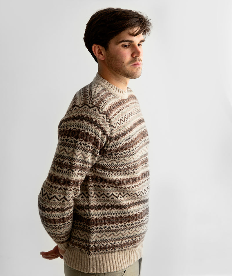 Mens fair isle jumper sweater shetland wool beige brown oatmilk kinnaird