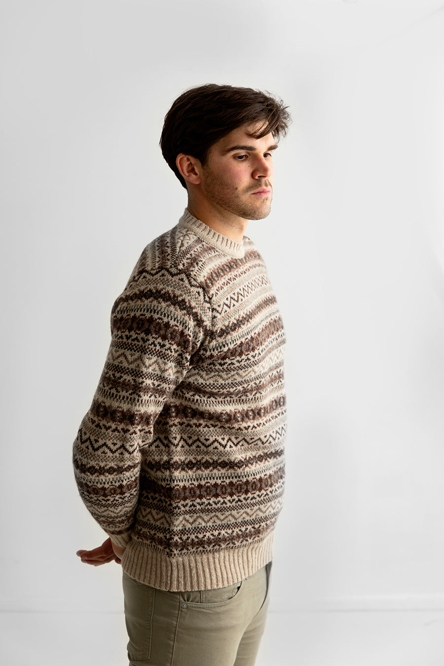Mens fair isle jumper sweater shetland wool beige brown oatmilk kinnaird