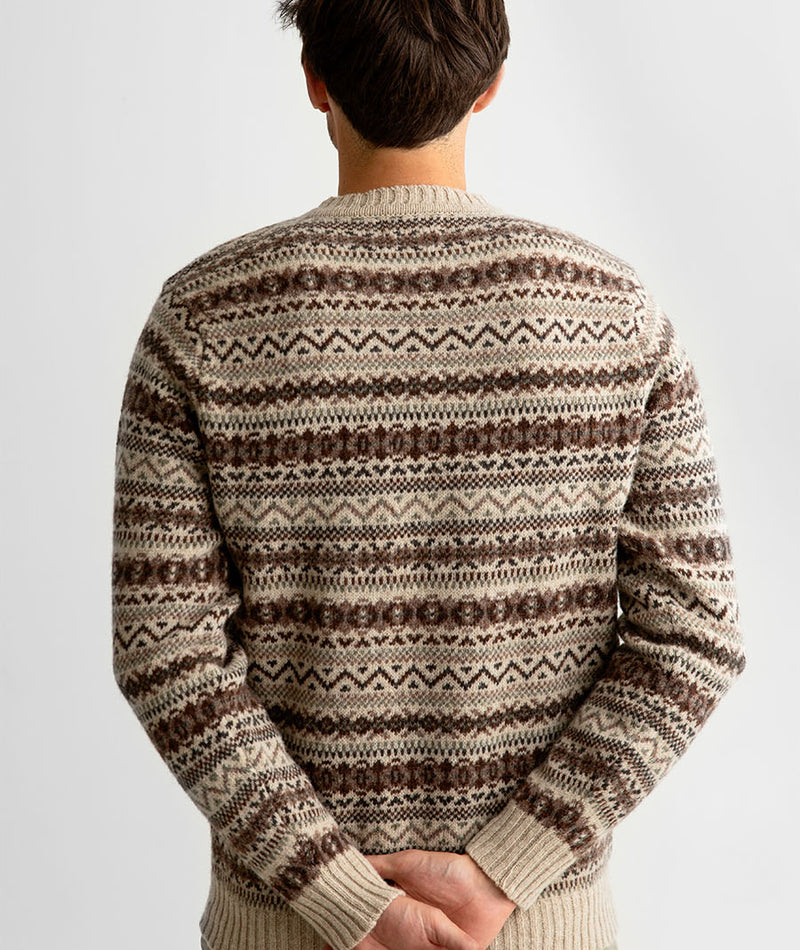 Mens fair isle wool jumper sweater beige brown oatmilk kinnaird back