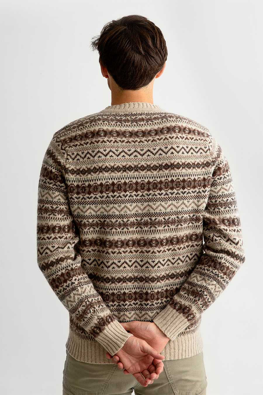 Mens fair isle wool jumper sweater beige brown oatmilk kinnaird back