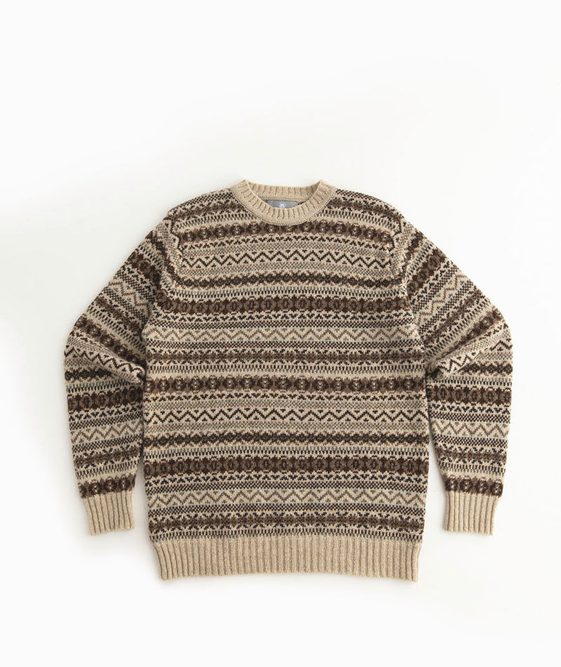 Mens fair isle wool jumper sweater beige brown oatmilk kinnaird