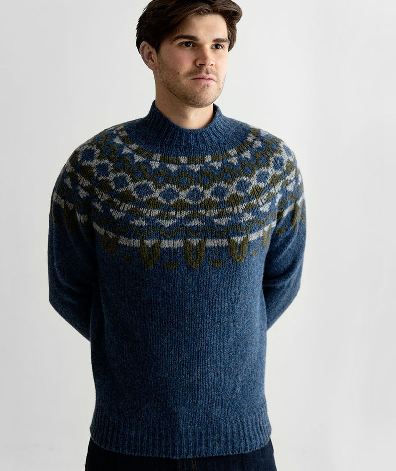 mens fair isle jumper sweater denim blue shetland wool brodgar