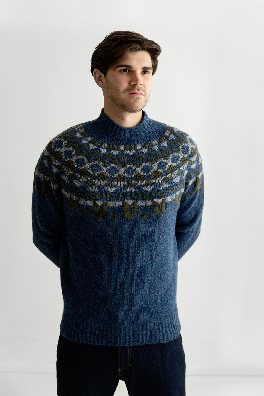 Mens wool Scottish Fair isle Yoke Jumper in denim blue Brodgar pattern